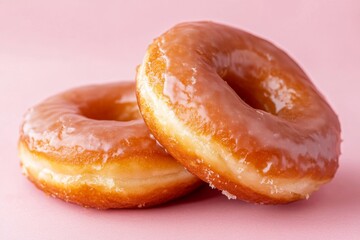 Close-up of Two Bitten Glazed Donuts on Pastel Pink Background Generative AI