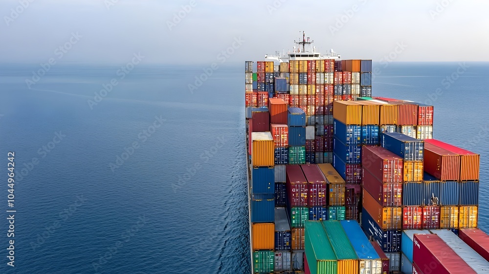 Poster majestic cargo ship sailing across the open sea its vibrant stacked containers visible from the side