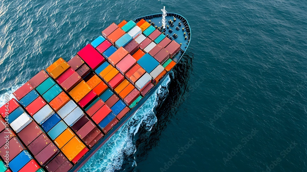 Poster striking aerial photograph showcasing a massive container ship navigating through the ocean s captiv