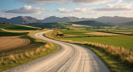 Winding dirt road through fields and mountains background charming pathway meandering through picturesque lands leading toward heights