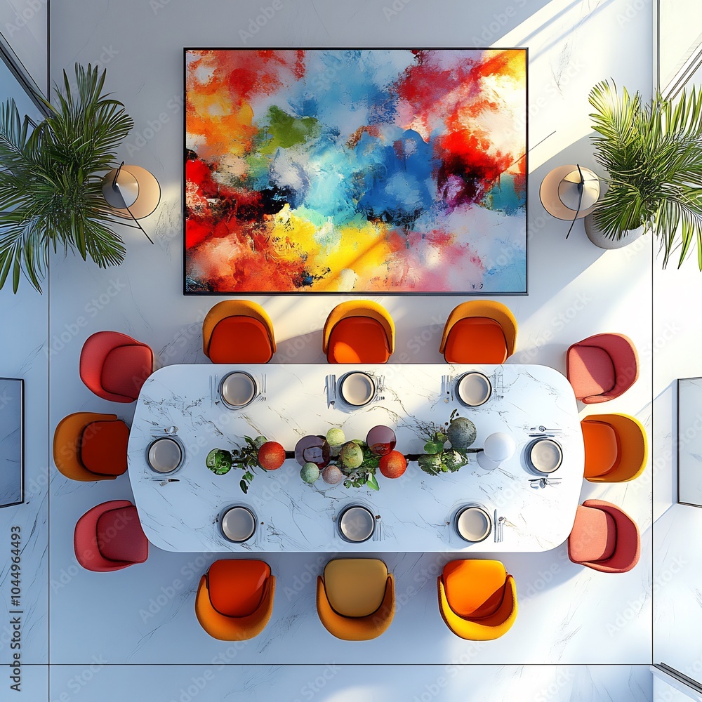 Poster top view 3d render of creative dining room with a large art table colorful dcor modern lighting and 