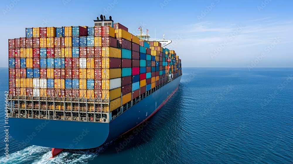 Aufkleber aerial side view of a massive cargo ship packed with stacked containers gliding smoothly across the 