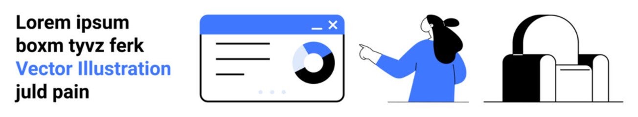 A person in a blue shirt pointing at a data dashboard with graphs and charts. Ideal for business presentations, analytics, user interaction, data visualization, and web design themes. Banner