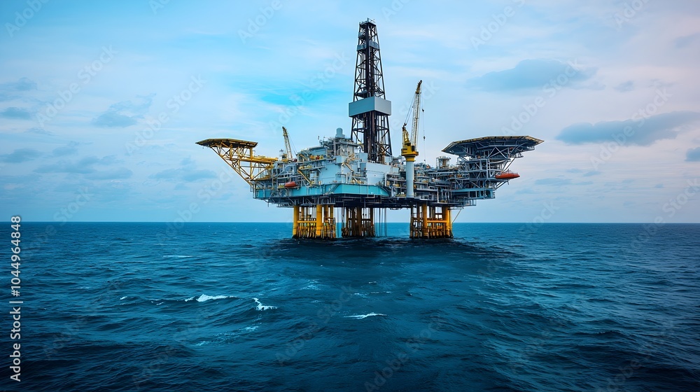 Poster towering oil rig standing strong in the middle of the vast offshore sea with gentle waves reflecting