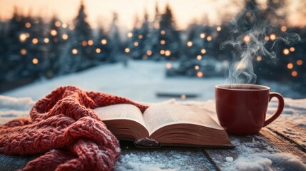 A warm knitted scarf wrapped around an open book, with a steaming cup of hot chocolate beside it, placed on a wooden table