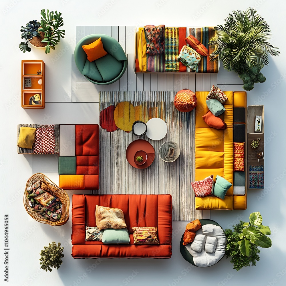 Aufkleber top view 3d render of family room with eclectic colorful furniture and a structured floor plan displ