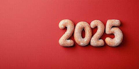 The figures 2025 are baked from doughnut dough, sprinkled with powdered sugar on top. Red background, empty space for text on the left, flat lay.