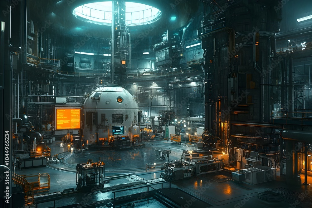 Poster advanced futuristic smart factory interior with automation and robotic systems