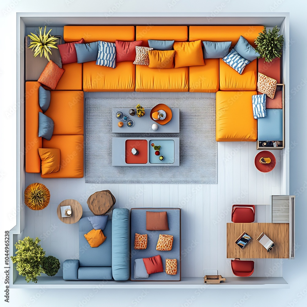 Poster top view 3d render of family room with eclectic colorful furniture and a structured floor plan displ