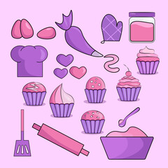 set with icons of confectionery, cakes, eggs, hearts