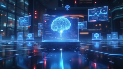 Obraz premium A sleek, futuristic interface featuring holographic displays of machine learning algorithms and AI processing.