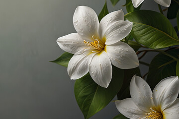 Obraz premium Realistic Close-Up of a Jasmine Flower with Delicate White Petals and Green Leaves