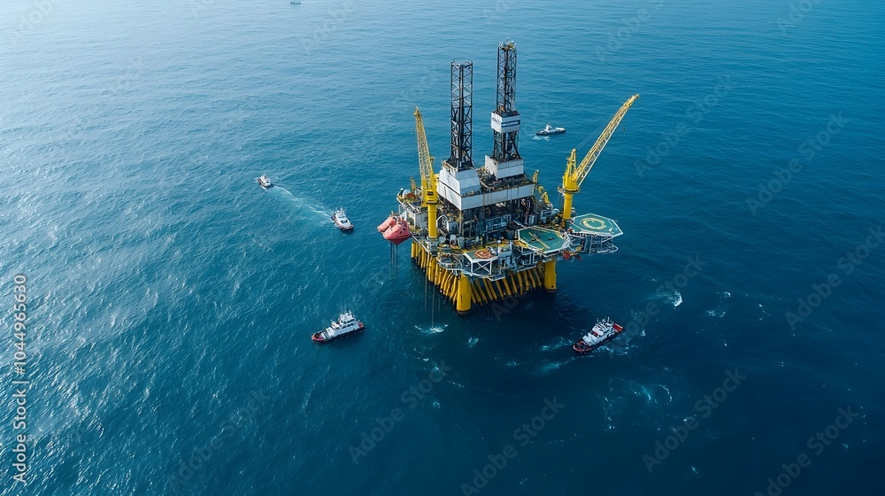 Aufkleber aerial view of a lone oil rig floating in the middle of the open ocean surrounded by small boats and