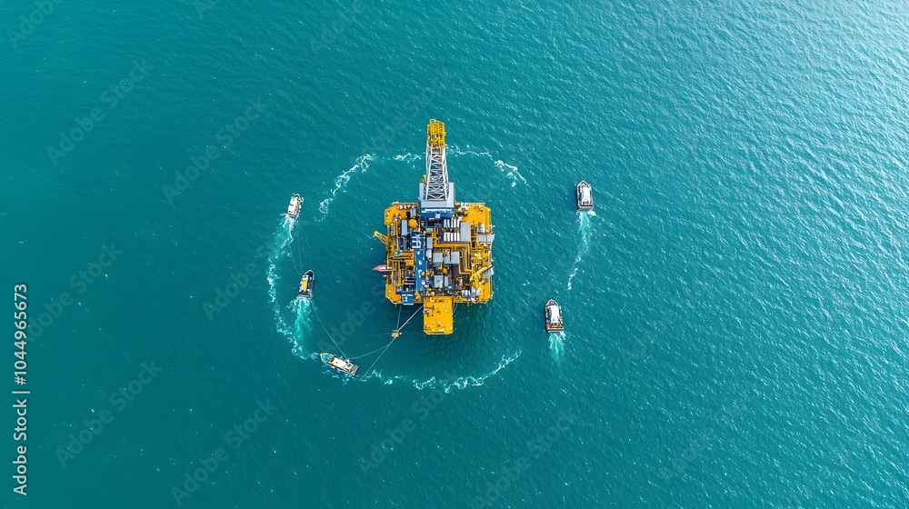 Aufkleber Aerial view of a solitary oil rig platform floating in the middle of the open ocean surrounded by small boats and with waves rippling around the industrial structure