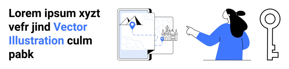 Woman points towards a digital map with a mountain and landmark icon on a tablet. Nearby is a large key symbol. Ideal for technology travel navigation security online services. Banner for landing