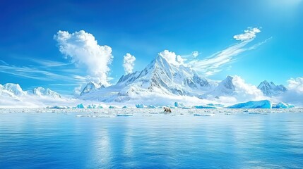 A tranquil arctic scene with pastel-colored icebergs and a group of polar bears exploring the frozen tundra.