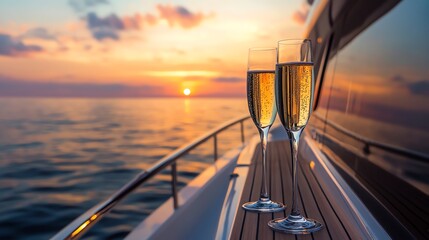 Obraz premium Two champagne flutes with a sunset view on a yacht deck.
