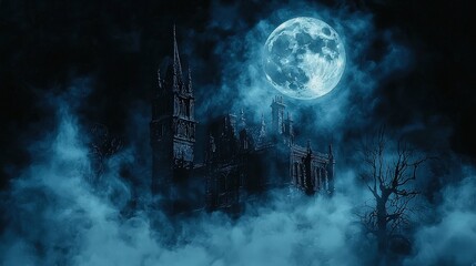 Fototapeta premium A vibrant Halloween night cartoon scene depicting a glowing full moon above a haunted house, with wispy fog and twisted trees enhancing the eerie atmosphere.