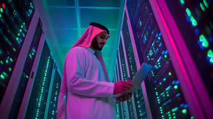 Arab man in traditional clothing working in a server room, holding a laptop.