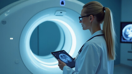 Fototapeta premium The tablet displays a computed tomography scan of human organs.
