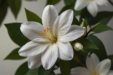 Obraz premium Realistic Close-Up of a Jasmine Flower with Delicate White Petals and Green Leaves