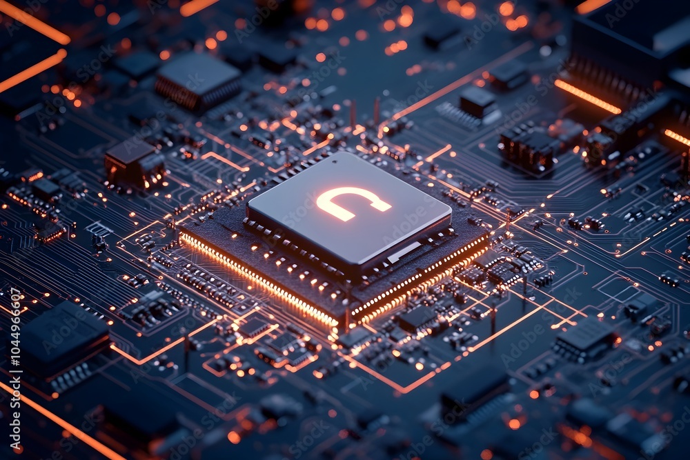 Poster cybersecurity concept with padlock on microchip board symbolizing digital protection and safety