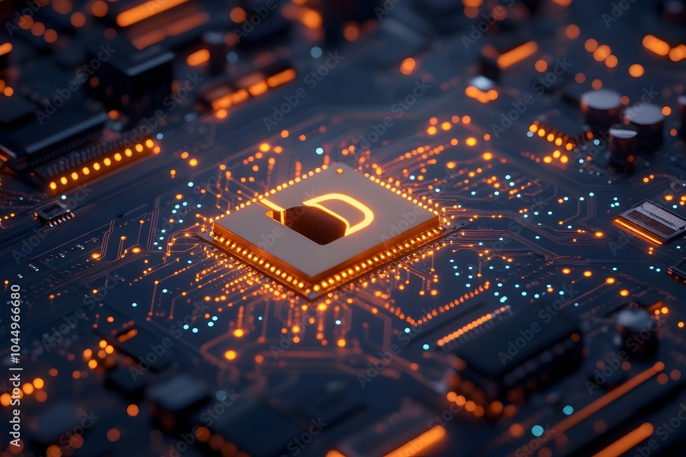 Poster cybersecurity microchip padlock board symbolizing digital protection and secure connections