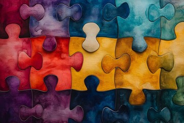Fototapeta premium Interlocking Puzzle Pieces with Vibrant Watercolor Texture Symbolizing Connection and Diversity in