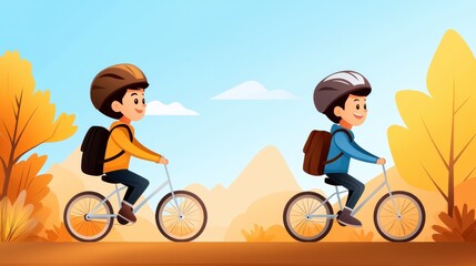 Two animated children wearing helmets ride bicycles on a path through a picturesque autumn landscape, evoking freedom and childhood adventure.