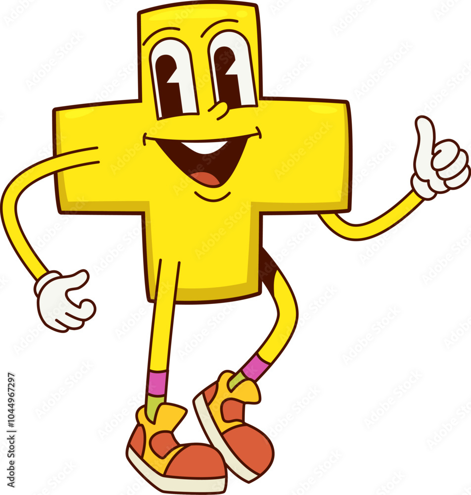 Poster Cartoon plus math symbol groovy character with big eyes and happy smile. Isolated vector cute and funny mathematics and arithmetic sign for addition equations, educational, and mathematical tasks