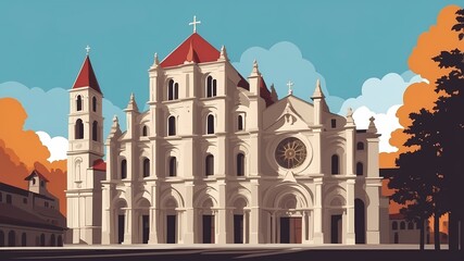 Fototapeta premium Classic Cathedral with Dome and Bell Tower Illustration