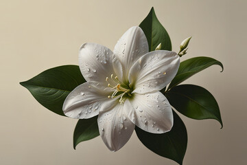 Fototapeta premium Realistic Close-Up of a Jasmine Flower with Delicate White Petals and Green Leaves