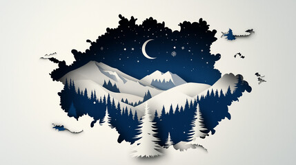 Winter christmas composition in paper cut style.Merry Christmas text Calligraphic Lettering Vector illustration. 