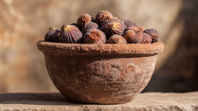 Mature figs in a clay cup. The idea of ancient Roman cuisine

