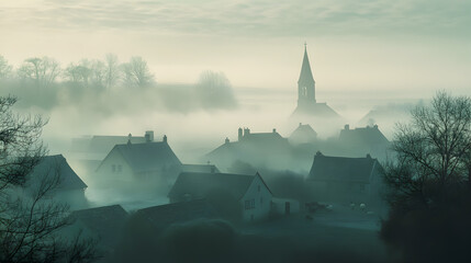 A misty morning shrouds a quaint village with a church spire rising above the fog.