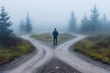 Man Choosing the Right Path on Foggy Road Generative AI