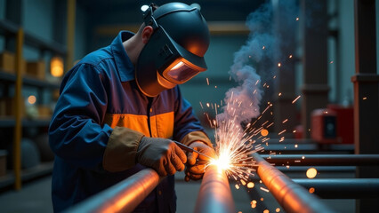 A welder welds iron close-up.
