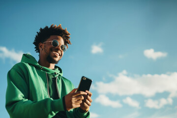 photo of black man wearing green tone outfit using smartphone.