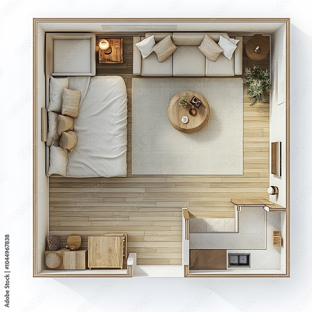 Poster top view 3d render of guest room with a daybed and detailed floor plan displayed on a white backgrou