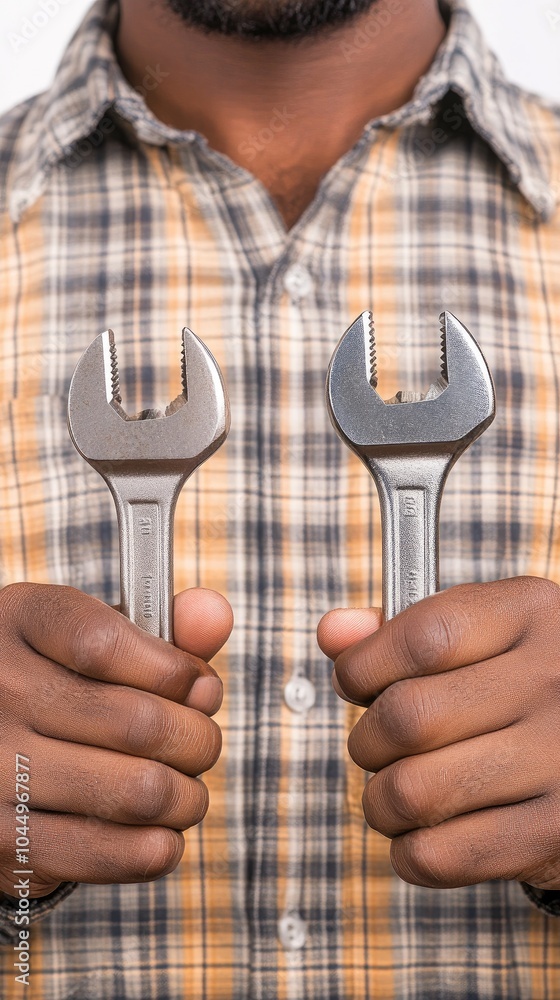 Poster a dedicated mechanic showcasing three distinct wrenches in a close-up display, emphasizing craftsman