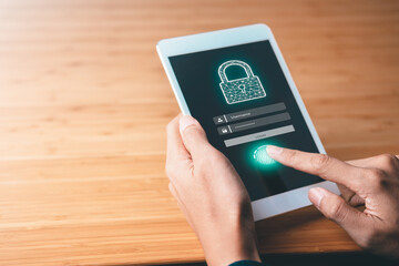 Data Security system concept, Business man use laptop with security icon screen, innovation technology, cloud computing, internet network communication