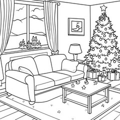 A cozy living room with holiday decorations, coloring page for kids, simple outline illustration. Coloring book, simple lines.