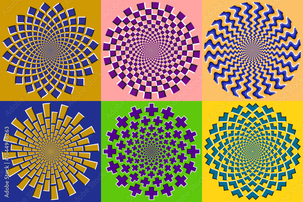 Poster vector set of hypnotic circular patterns. colorful circles with optical illusion of moving. template
