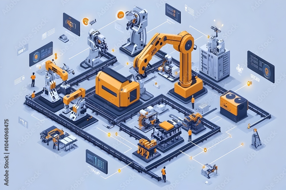 Poster interconnected smart factory showcasing industry automation and optimization