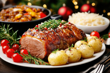 A Rich And Fragrant Norwegian Ribbe (Roast Pork Belly) Displayed On A Holiday Table, Accompanied By Sauerkraut And Boiled Potatoes