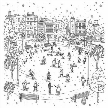 A snow-covered park with kids playing, coloring page for kids, simple outline illustration. Coloring book, simple lines.