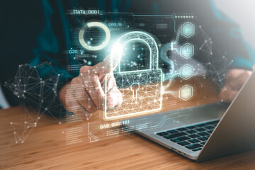 Data Security system concept, Business man use laptop with security icon screen, innovation technology, cloud computing, internet network communication
