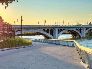 Bridge along Calgary waterfront at sunset