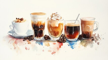 Artistic set of vector coffee beans and coffee cup drinks isolated on white background,hand-drawn vector,hot coffee drinks,cafe shop,modern flat design,Fashionable and cute coffee motif concept.