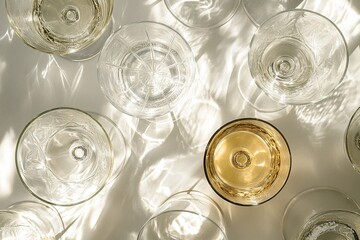 An overhead shot of glassware and the interplay between light, shadows